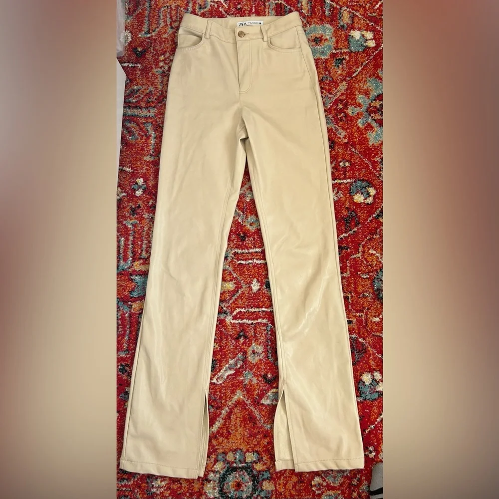Zara faux Leather Bootcut Cream Pants - 00 - Picture 1 of 6